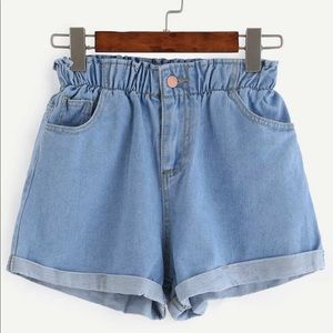 Elastic Waist Roll Hem Denim Shorts